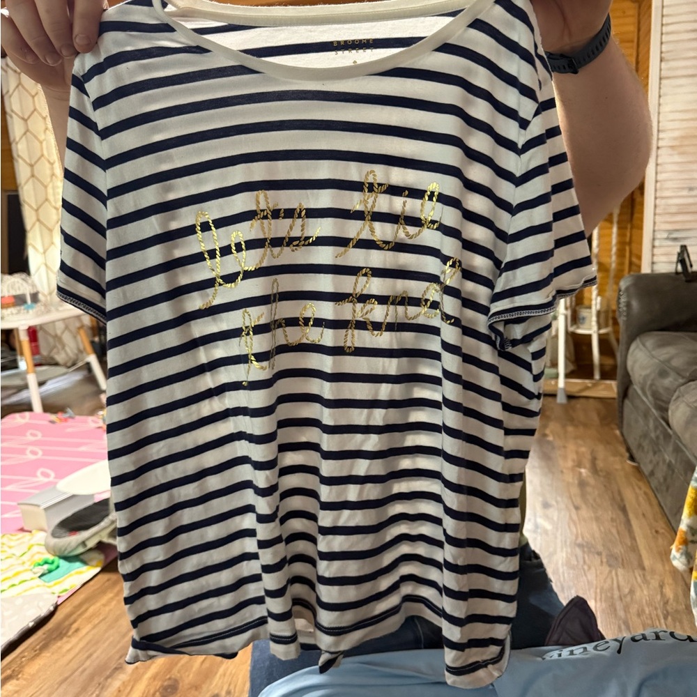 Kate Spade Navy and White Striped Tee with Gold Accents